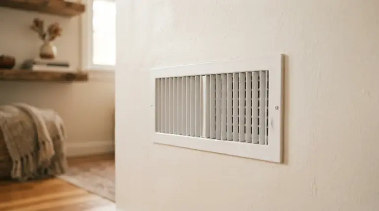 A close-up of a modern, minimal white air vent grille integrated into a warm living room wall, bathed in soft