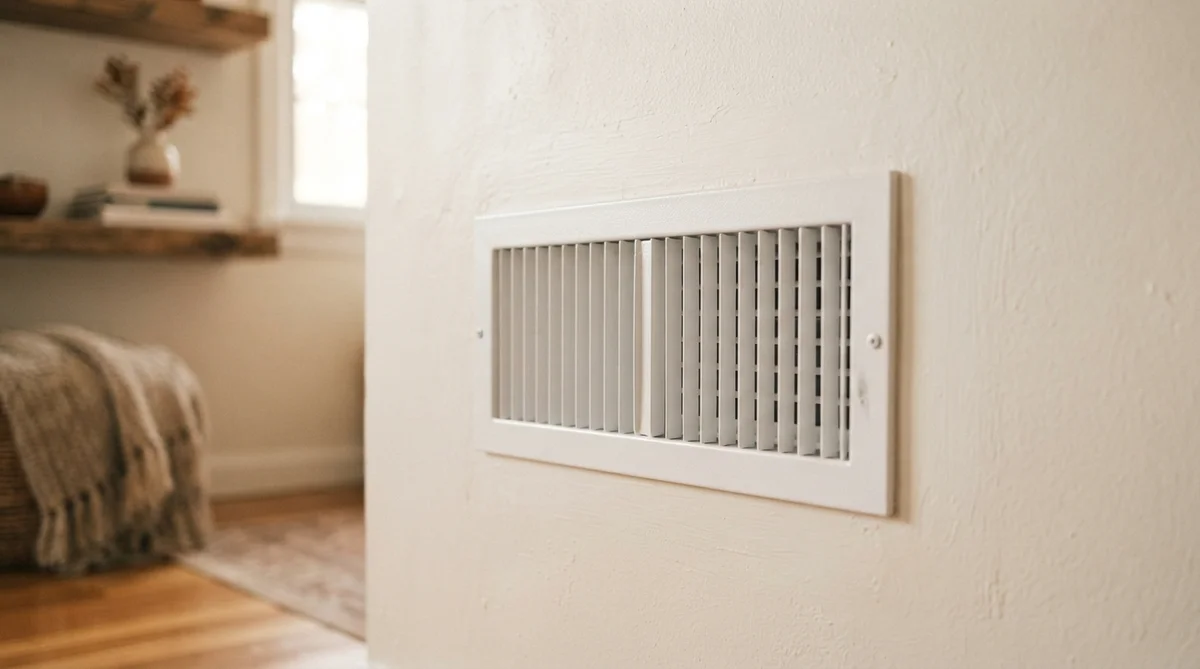 A close-up of a modern, minimal white air vent grille integrated into a warm living room wall, bathed in soft