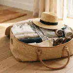 An open, premium woven travel bag on a light wooden floor, filled with neatly folded natural fiber summer clothing and a