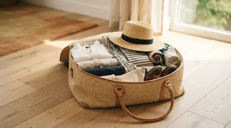 An open, premium woven travel bag on a light wooden floor, filled with neatly folded natural fiber summer clothing and a