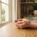 A pair of calm, relaxed hands gently cupped, resting on a warm, smooth wooden surface near a sunlit window