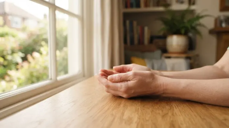 A pair of calm, relaxed hands gently cupped, resting on a warm, smooth wooden surface near a sunlit window