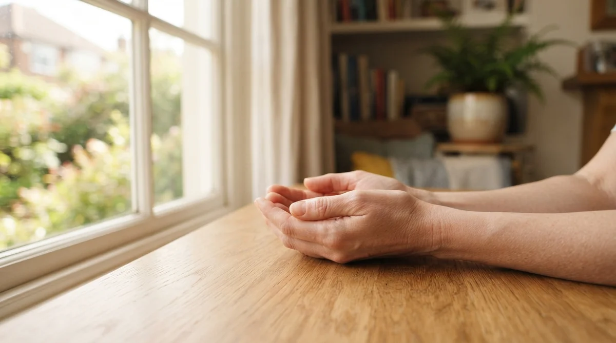 A pair of calm, relaxed hands gently cupped, resting on a warm, smooth wooden surface near a sunlit window
